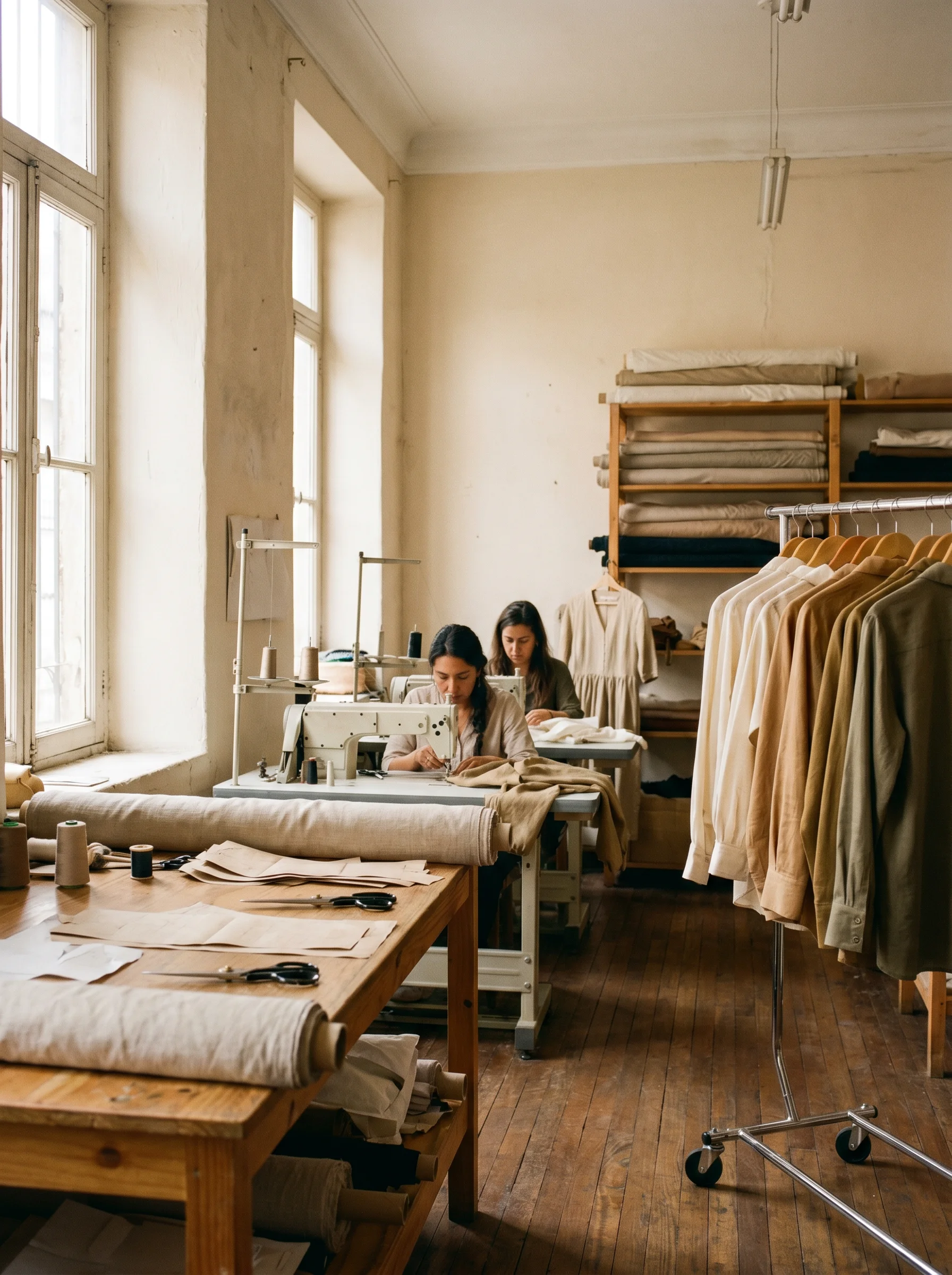 Vista general del taller de confección YACADI con luz natural.