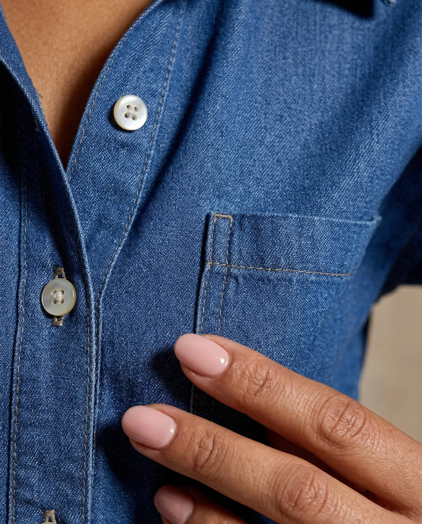 Detalle provisional de look femenino YACADI con camisa azul.