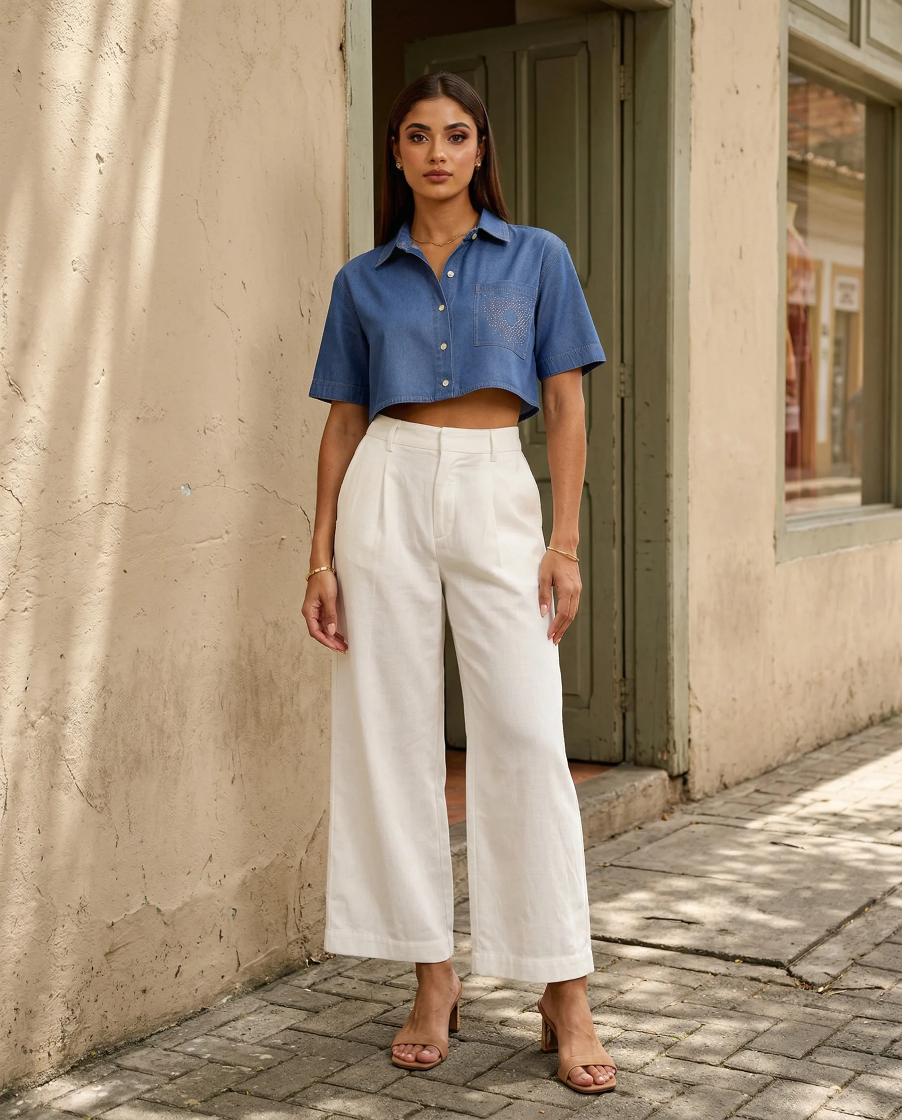 Foto provisional editorial de look femenino YACADI con camisa azul.