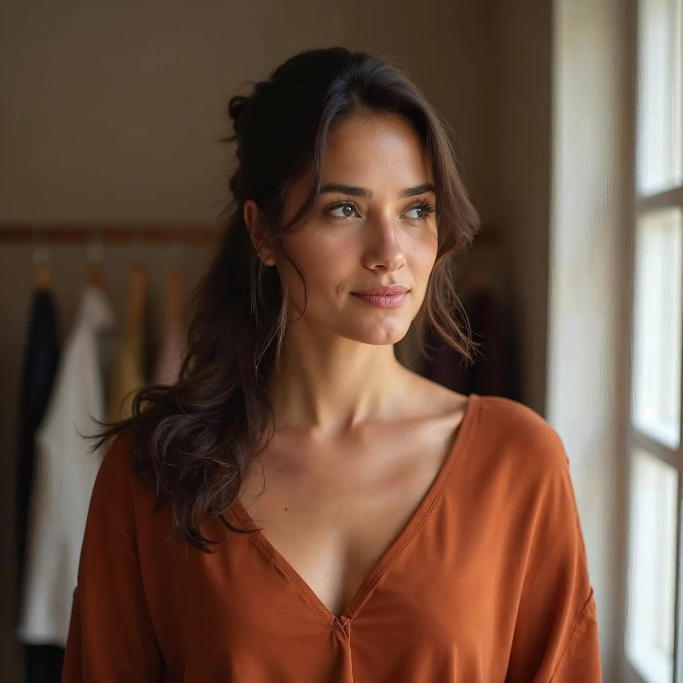 Retrato de clienta mayorista YACADI en interior boutique cálido.